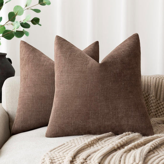 Foindtower Set of 2 Soft Textured Chenille Throw Decorative Pillow Covers Square Accent Solid Cushion Cover Cozy Neutral Farmhouse Pillow Case for Couch Sofa Bedroom Living Room 20x20 Inch, Chocolate