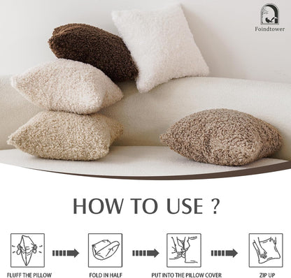 Foindtower 2 Pieces Faux Fur Throw Pillow Cover Decorative Sherpa Pillow Fuzzy Accent Pillowcases Soft Sheepskin Fleece Cushion Case for Bed Couch Living Room 18x18 Inch Oatmeal
