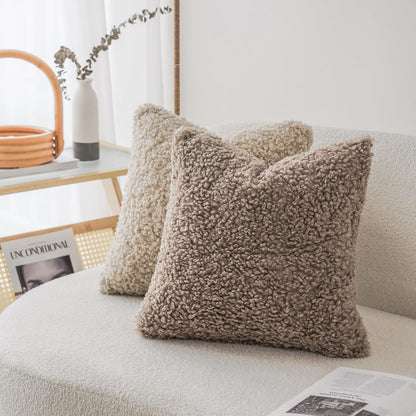 Foindtower 2 Pieces Teddy Faux Fur Throw Pillow Cover Decorative Sherpa Pillow Fuzzy Sheepskin Accent Cushion Case Soft Fleece Pillowcases for Bed Couch Living Room 18x18 Inch Khaki