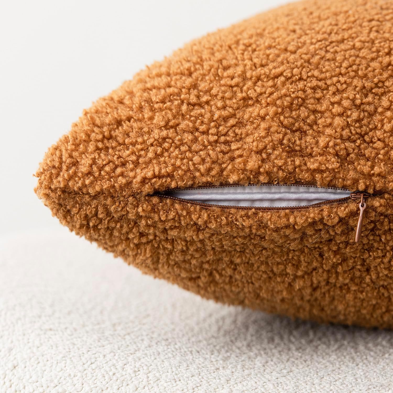 Foindtower Pack of 2, Curly Faux Fur Decorative Throw Pillow Covers Soft Fuzzy Plush Cushion Case with Zipper Cozy Pillowcase for Home Living Room Couch Bed Sofa 18 x 18 Inch, Bronze