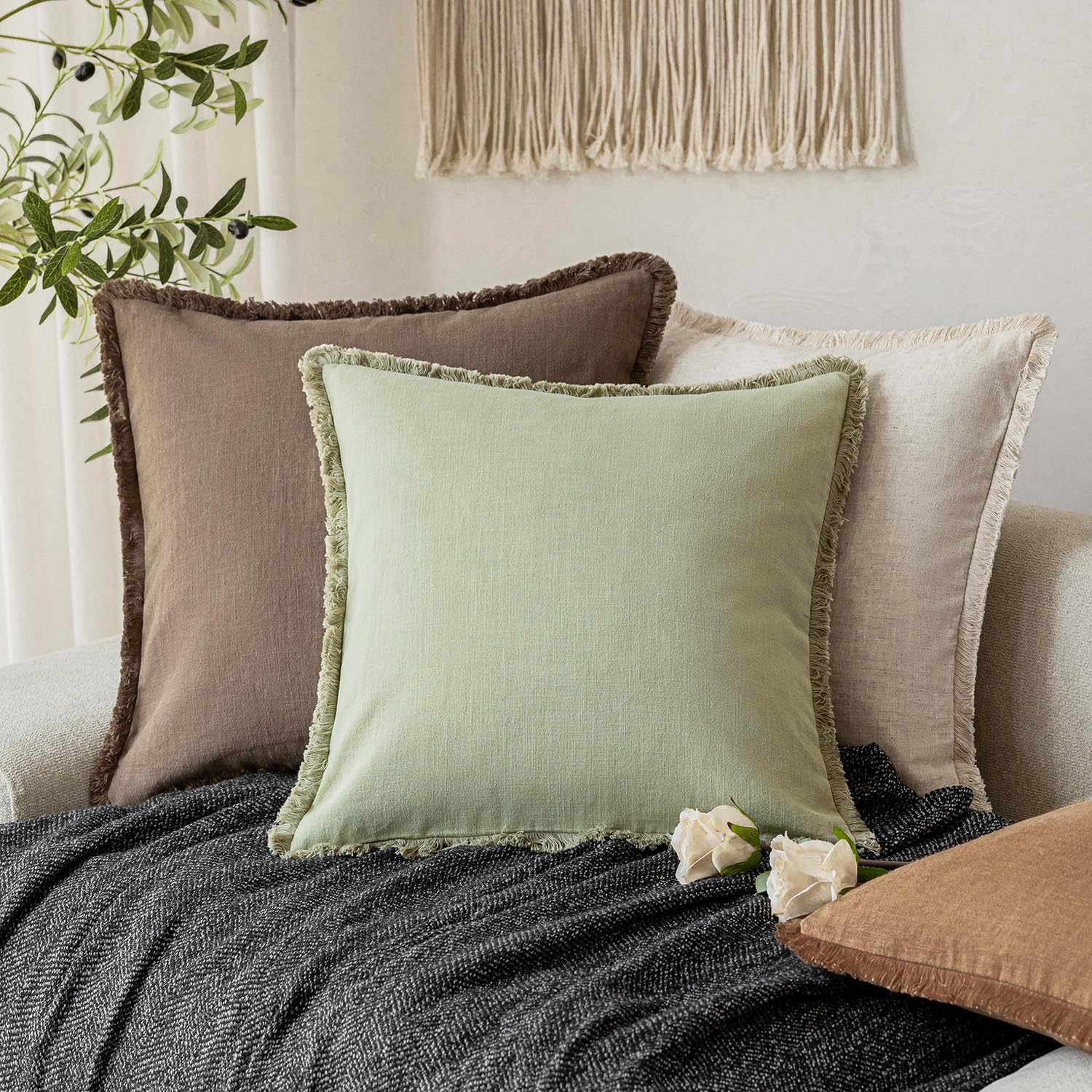 Foindtower Set of 2 Decorative Linen Fringe Lumbar Throw Pillow Covers Farmhouse Cushion Cover with Tassels Soft Accent Pillowcase for Couch Sofa Bed Living Room Home Decor,12×20 Inch,Light Sage Green