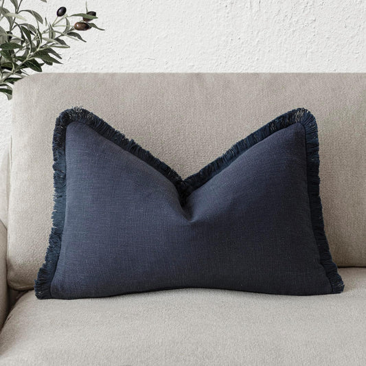 Foindtower Decorative Linen Fringe Lumbar Throw Pillow Covers Cozy Boho Farmhouse Cushion Cover with Tassel Soft Accent Pillowcase for Sofa Bed Living Room Home Decor, 12×20 Inch, 1PC, Navy Blue