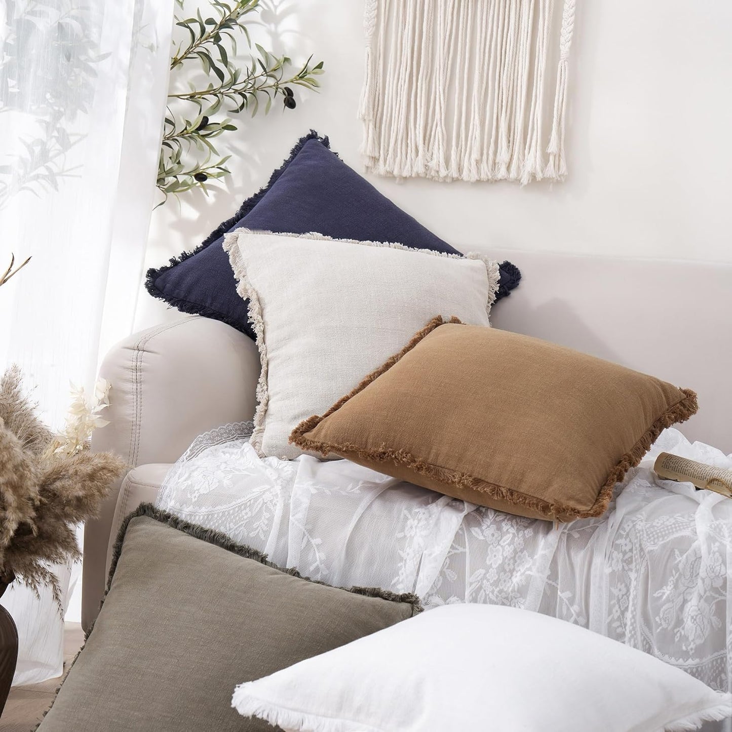 Foindtower Set of 2 Decorative Linen Fringe Throw Pillow Covers Cozy Boho Farmhouse Cushion Cover with Tassels Soft Accent Pillowcase for Couch Sofa Bed Living Room Home Decor, 26×26 Inch, Khaki Brown