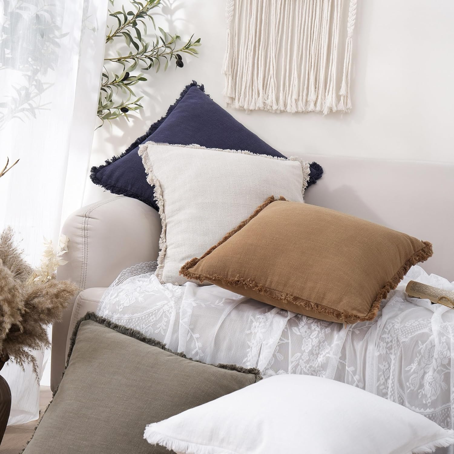 Foindtower Set of 2 Decorative Linen Fringe Throw Pillow Covers Cozy Boho Farmhouse Cushion Cover with Tassels Soft Accent Pillowcase for Couch Sofa Bed Living Room Home Decor, 26×26 Inch, Khaki Brown
