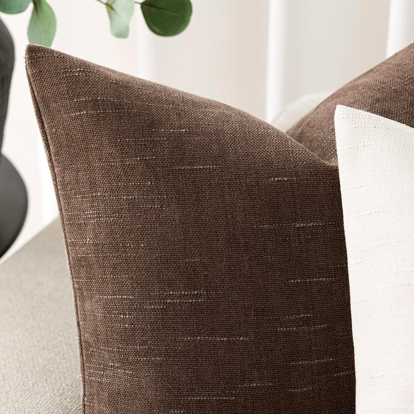 Foindtower Set of 2 Soft Textured Chenille Throw Decorative Pillow Covers Square Accent Solid Cushion Cover Cozy Neutral Farmhouse Pillow Case for Couch Sofa Bedroom Living Room 20x20 Inch, Chocolate
