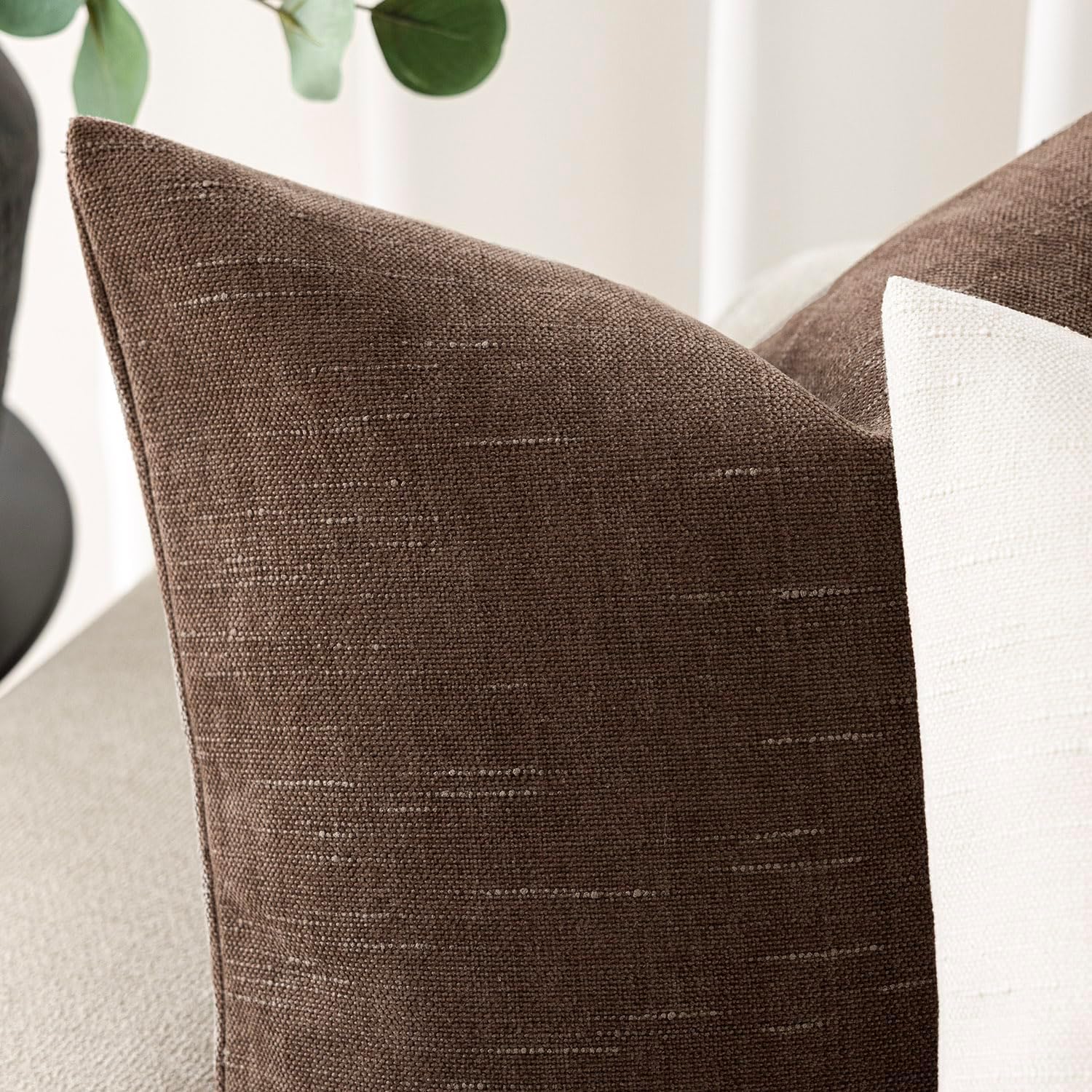 Foindtower Set of 2 Soft Textured Chenille Throw Decorative Pillow Covers Square Accent Solid Cushion Cover Cozy Neutral Farmhouse Pillow Case for Couch Sofa Bedroom Living Room 20x20 Inch, Chocolate