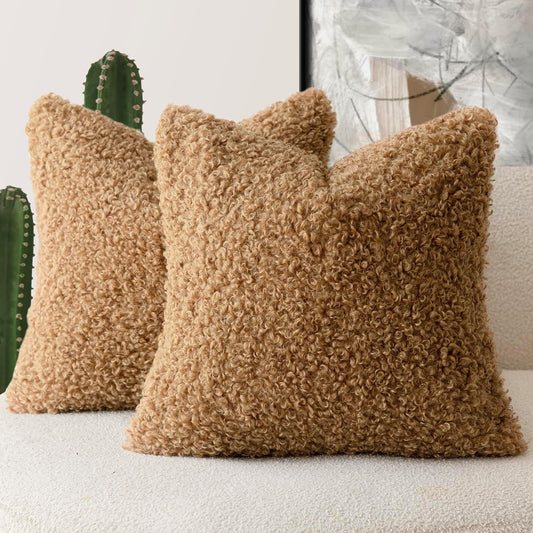 Foindtower 2 Pieces 18x18 Inch Bronze, Faux Fur Throw Pillow Cover Accent Sherpa Pillow Fuzzy Soft Pillowcases Sheepskin Decorative Fleece Cushion Case for Bed Couch Living Room