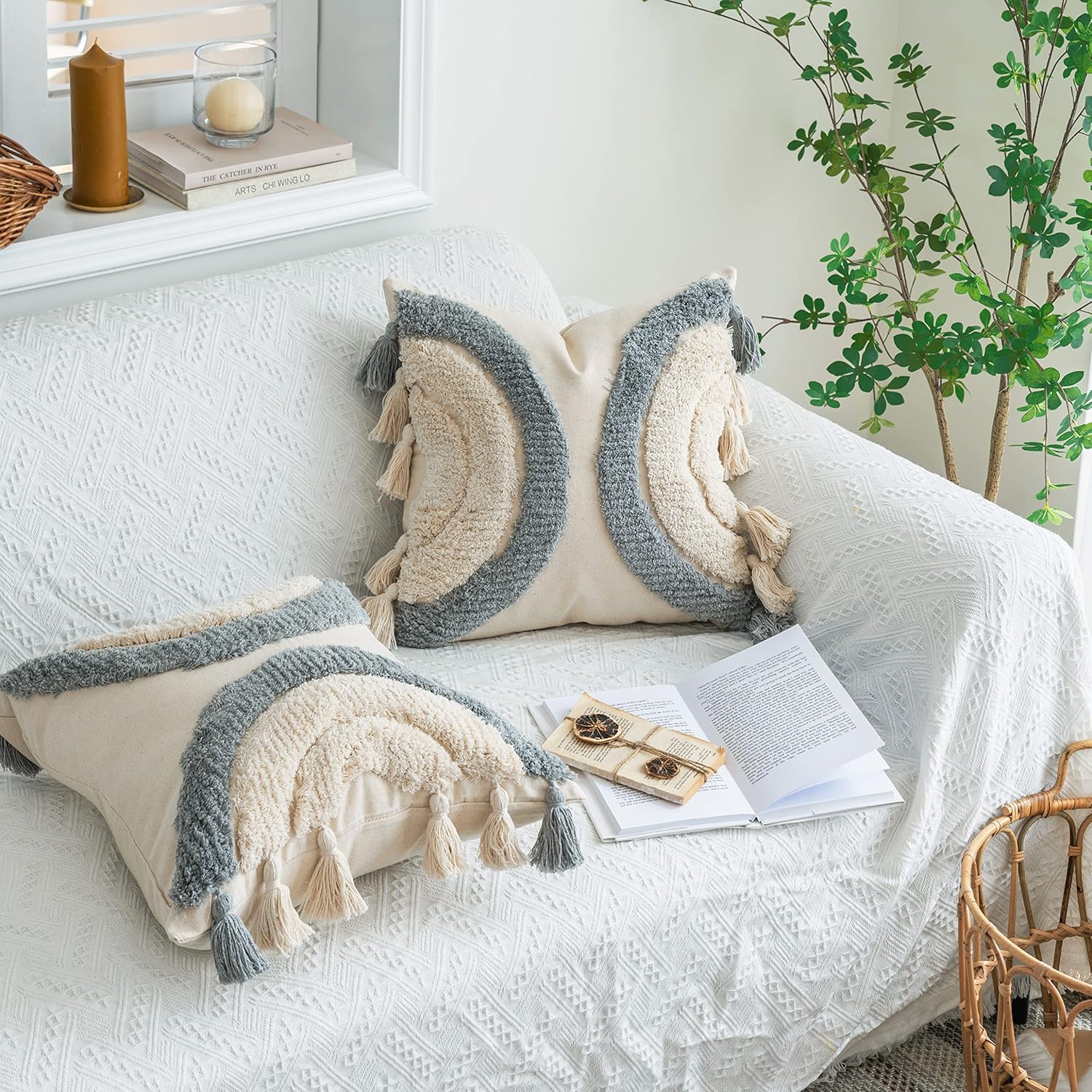 Foindtower Half Moon Accent Tufted Decorative Throw Pillow Cover, Stylish &amp; Cozy Bohemian Cotton Canvas Cushion Cover | Tassels Pillow Case Home Decor 18&#34;X 18&#34; Grey,Off White 1 Piece