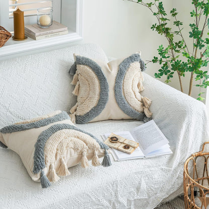 Foindtower Half Moon Accent Tufted Decorative Throw Pillow Cover, Stylish &amp; Cozy Bohemian Cotton Canvas Cushion Cover | Tassels Pillow Case Home Decor 18&#34;X 18&#34; Grey,Off White 1 Piece