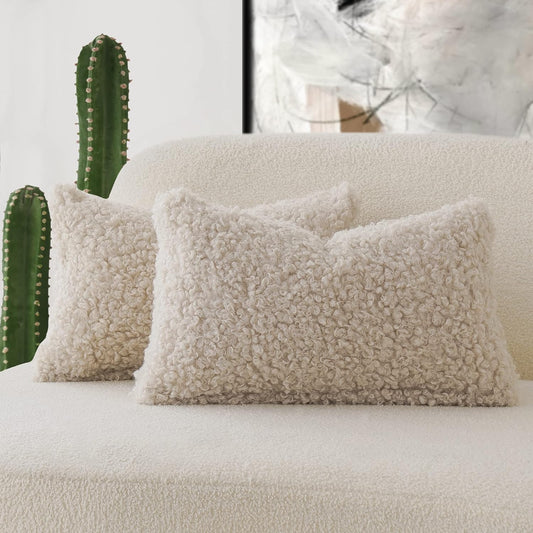 Foindtower Set of 2 Curly Teddy Wool Faux Fur Pillow Covers Decorative Boucle Textured Lumbar Throw Pillow Accent Pillowcases Sheepskin Cushion Case for for Chair and Couch 12&#34;x20&#34; Neutral Cream