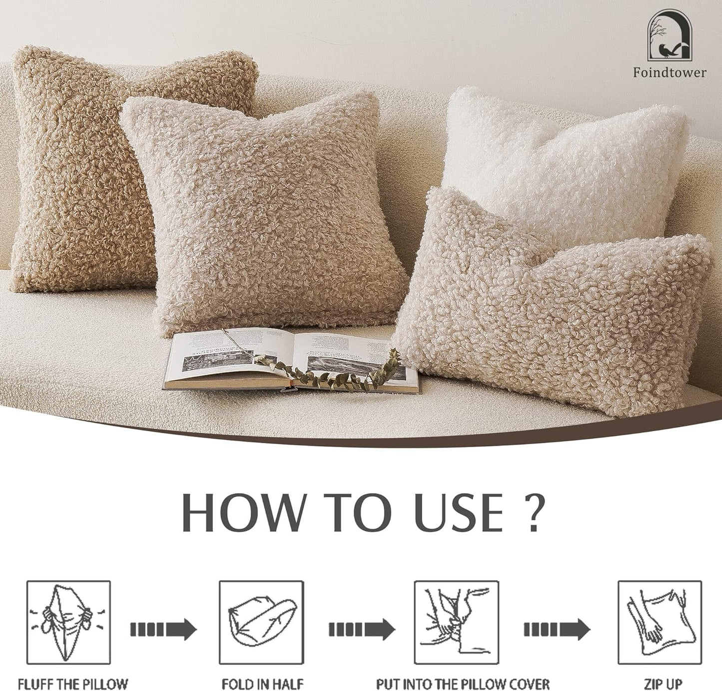 Foindtower Set of 2 Curly Teddy Wool Faux Fur Pillow Covers Decorative Boucle Textured Lumbar Throw Pillow Accent Pillowcases Sheepskin Cushion Case for for Chair and Couch 12&#34;x20&#34; Neutral Cream