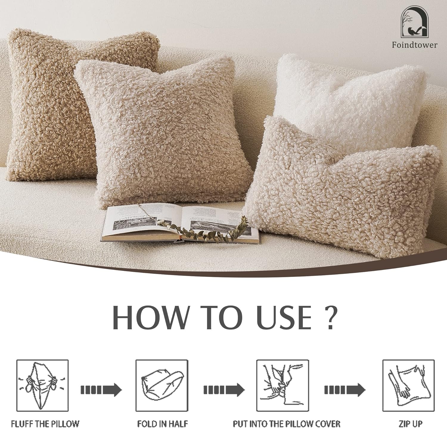 Foindtower Set of 2 Curly Teddy Wool Faux Fur Pillow Covers Decorative Boucle Textured Lumbar Throw Pillow Accent Pillowcases Sheepskin Cushion Case for for Chair and Couch 12&#34;x20&#34; Neutral Cream