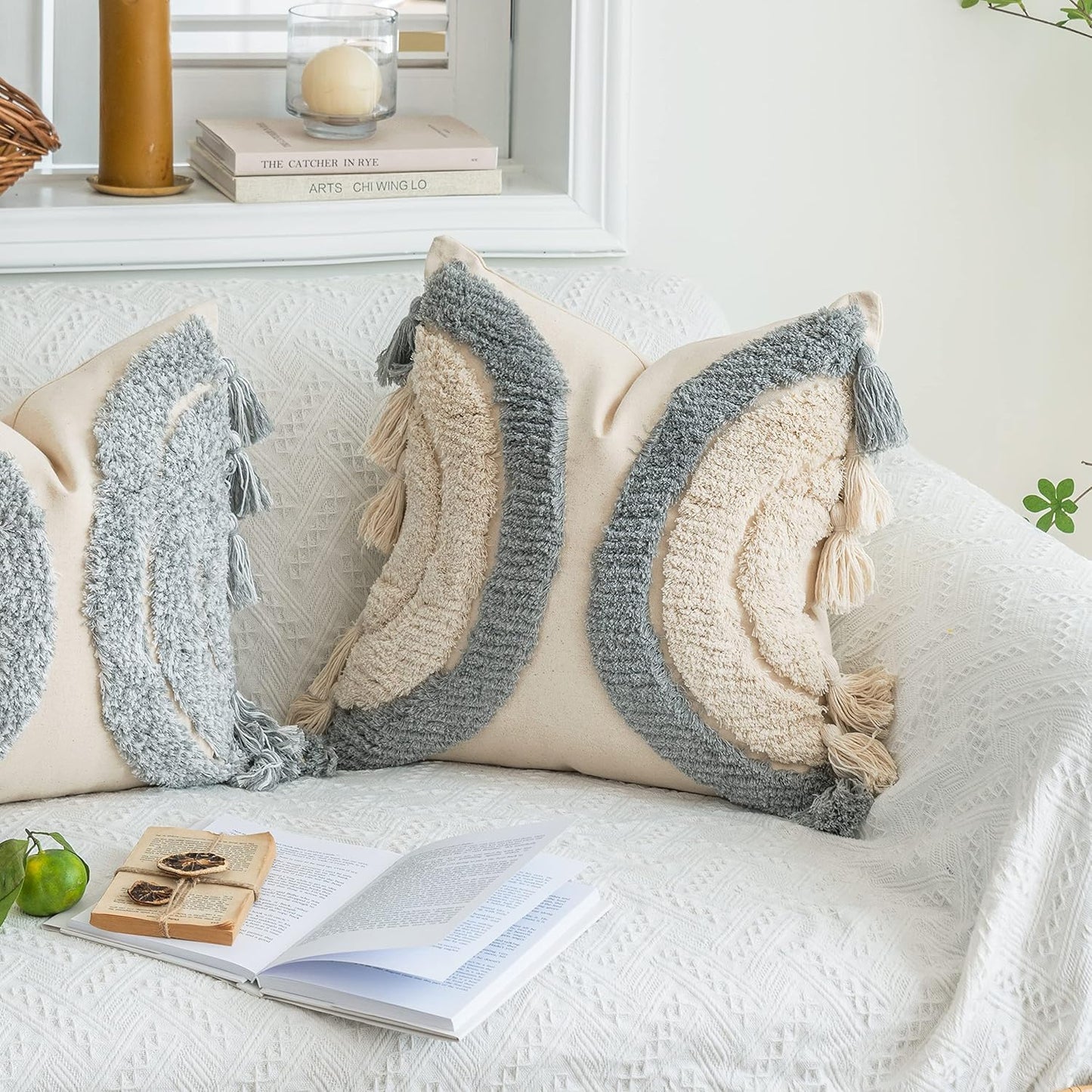 Foindtower Half Moon Accent Tufted Decorative Throw Pillow Cover, Stylish &amp; Cozy Bohemian Cotton Canvas Cushion Cover | Tassels Pillow Case Home Decor 18&#34;X 18&#34; Grey,Off White 1 Piece