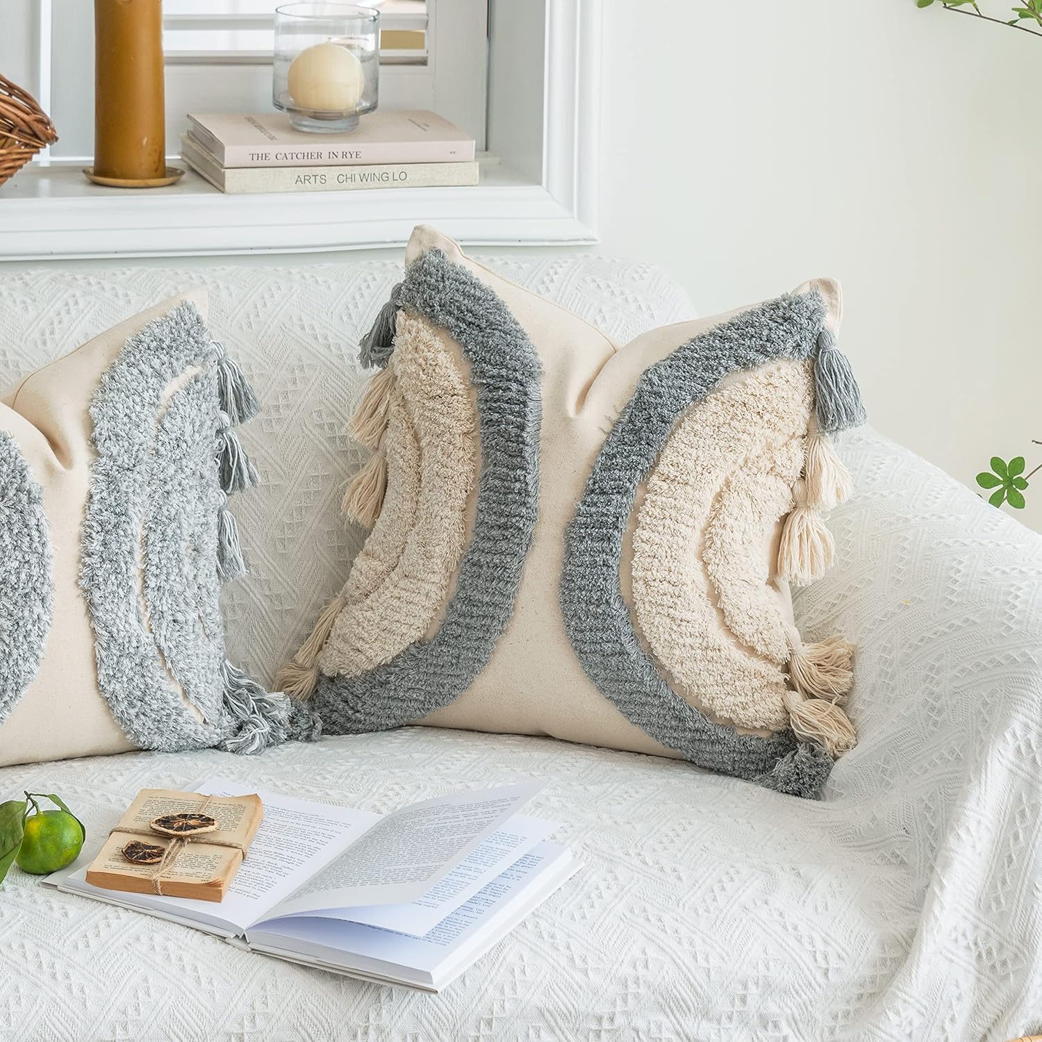 Foindtower Half Moon Accent Tufted Decorative Throw Pillow Cover, Stylish &amp; Cozy Bohemian Cotton Canvas Cushion Cover | Tassels Pillow Case Home Decor 18&#34;X 18&#34; Grey,Off White 1 Piece