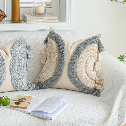 Foindtower Half Moon Accent Tufted Decorative Throw Pillow Cover, Stylish &amp; Cozy Bohemian Cotton Canvas Cushion Cover | Tassels Pillow Case Home Decor 18&#34;X 18&#34; Grey,Off White 1 Piece