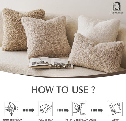 Foindtower 2 Pieces Faux Fur Throw Pillow Cover Decorative Sherpa Pillow Fuzzy Accent Pillowcases Soft Sheepskin Fleece Cushion Case for Bed Couch Living Room 18x18 Inch Oatmeal