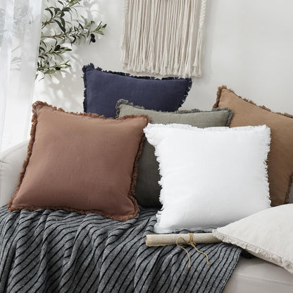 Foindtower Set of 2 Decorative Linen Fringe Throw Pillow Covers Cozy Boho Farmhouse Cushion Cover with Tassels Soft Accent Pillowcase for Couch Sofa Bed Living Room Home Decor, 16×16 Inch, Rust