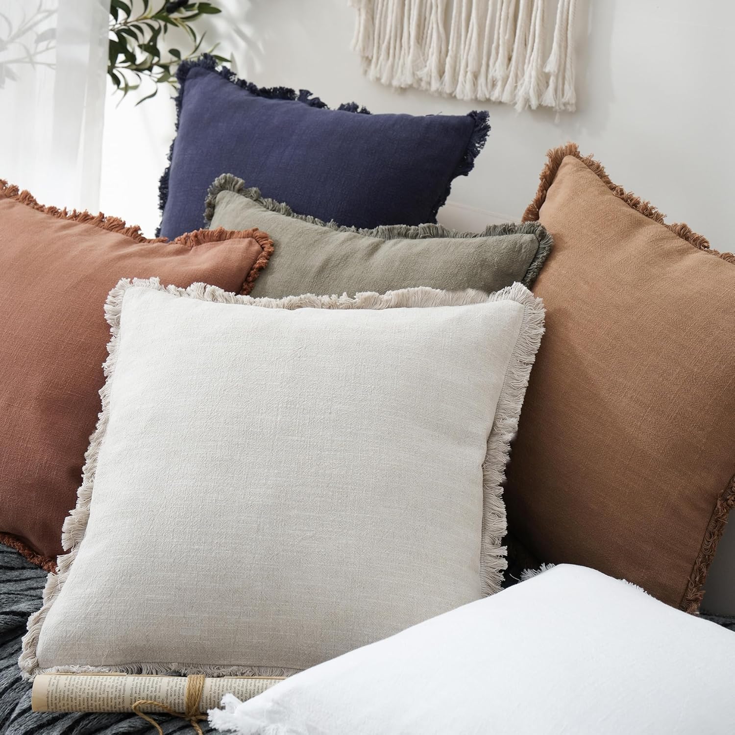 Foindtower Decorative Linen Fringe Lumbar Throw Pillow Covers Cozy Boho Farmhouse Cushion Cover with Tassel Soft Accent Pillowcase for Sofa Bed Living Room Home Decor, 12×20 Inch, 1PC, Natural Beige