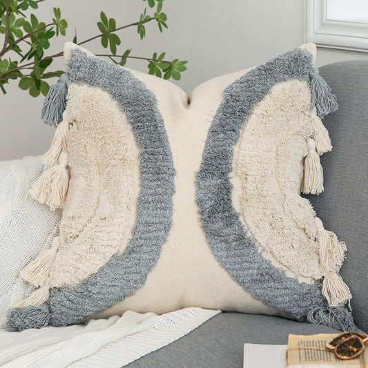 Foindtower Half Moon Accent Tufted Decorative Throw Pillow Cover, Stylish &amp; Cozy Bohemian Cotton Canvas Cushion Cover | Tassels Pillow Case Home Decor 18&#34;X 18&#34; Grey,Off White 1 Piece