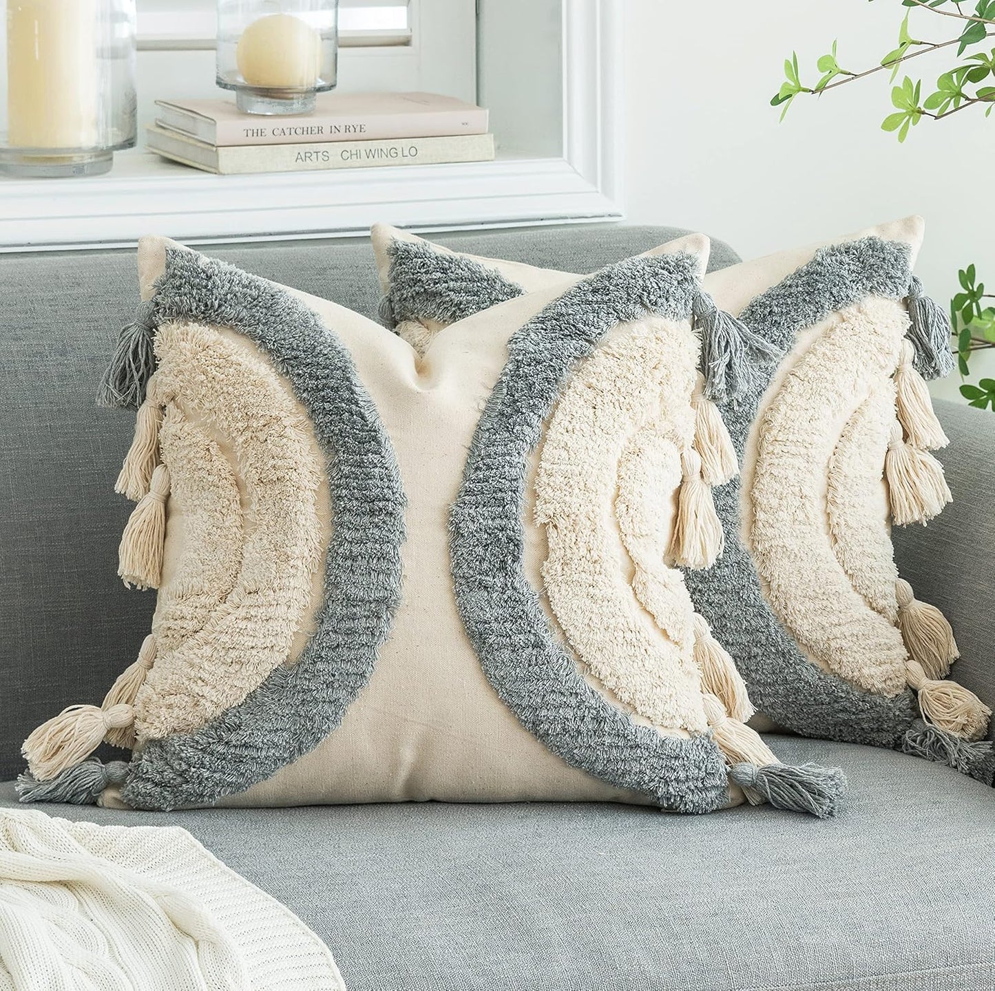 Foindtower Half Moon Accent Tufted Decorative Throw Pillow Cover, Stylish &amp; Cozy Bohemian Cotton Canvas Cushion Cover | Tassels Pillow Case Home Decor 18&#34;X 18&#34; Grey,Off White 1 Piece