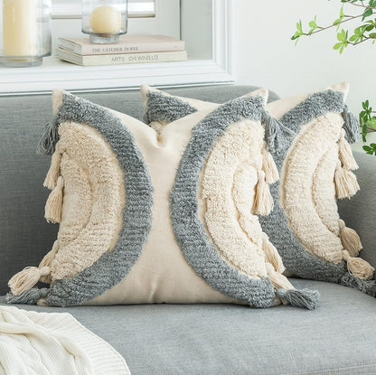 Foindtower Half Moon Accent Tufted Decorative Throw Pillow Cover, Stylish &amp; Cozy Bohemian Cotton Canvas Cushion Cover | Tassels Pillow Case Home Decor 18&#34;X 18&#34; Grey,Off White 1 Piece